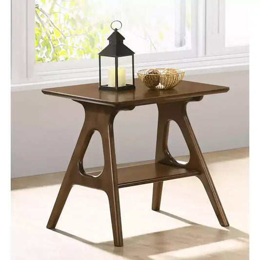 Table d'appoint Okak de style Mid-Century avec pieds en bois d'hévéa, table d'appoint avec étagère inférieure, table d'appoint étroite pour petits espaces, salon, marron