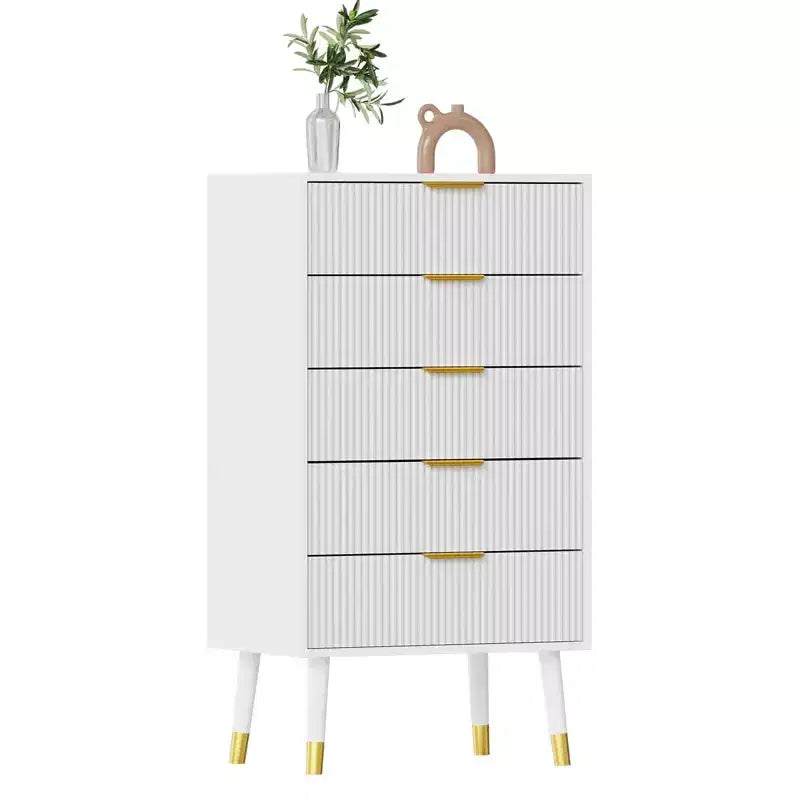 Commode à 5 tiroirs cannelés CuisinSmart, commode moderne en bois avec poignées dorées, armoire de rangement haute pour chambre à coucher, salon, entrée