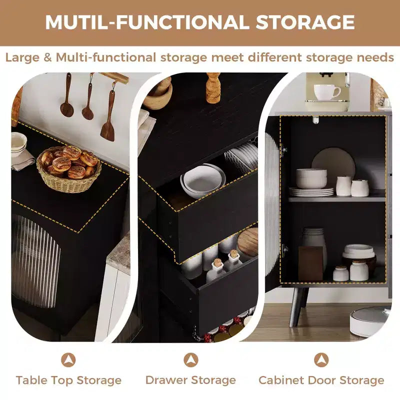 Bahut avec portes coulissantes et tiroirs en verre cannelé, pour cuisine, salle à manger, salon