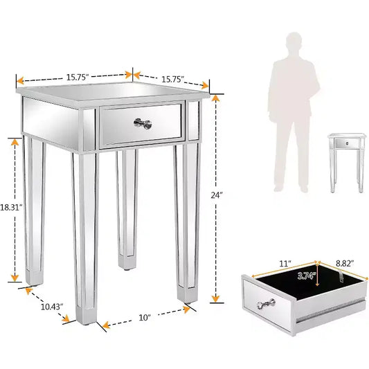 VINGLI Table d'appoint miroir avec tiroir, argent, table de chevet/d'appoint moderne pour petit espace