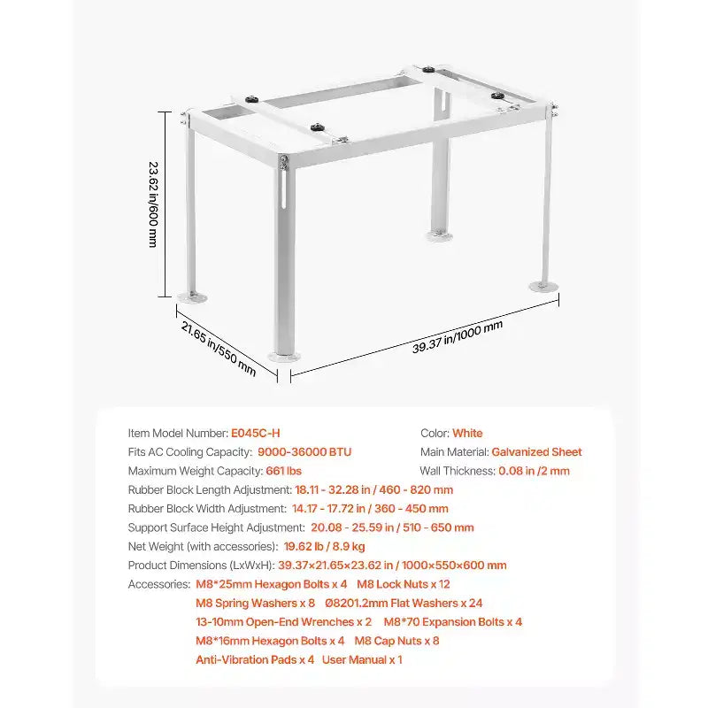 Support de sol VEVOR pour mini-split, support réglable anti-vibration pour climatiseur sans conduit et pompe à chaleur de 9000-36000 BTU, blanc