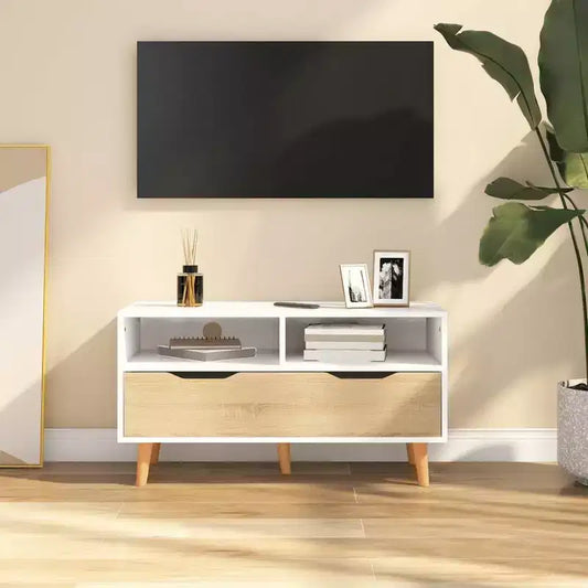 vidaXL Meuble TV Blanc et chêne Sonoma Bois d'ingénierie Meuble TV moyen