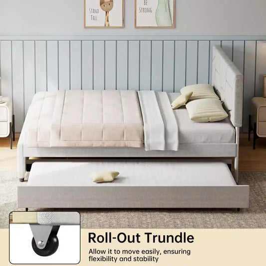 Cadre de lit gigogne, Cadre de lit plateforme rembourré avec lit escamotable, Design peu encombrant, Support à lattes en bois, Capacité de 227 kg, Blanc