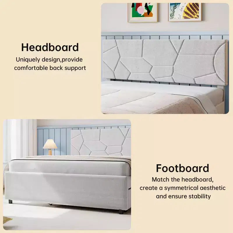 Cadre de lit gigogne, Cadre de lit plateforme rembourré avec lit escamotable, Design peu encombrant, Support à lattes en bois, Capacité de 227 kg, Blanc