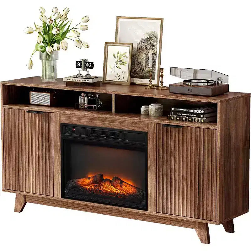 Meuble TV VINGLI avec foyer pour téléviseurs jusqu'à 70 pouces, meuble de divertissement cannelé avec foyer électrique et étagères réglables, armoire ouverte
