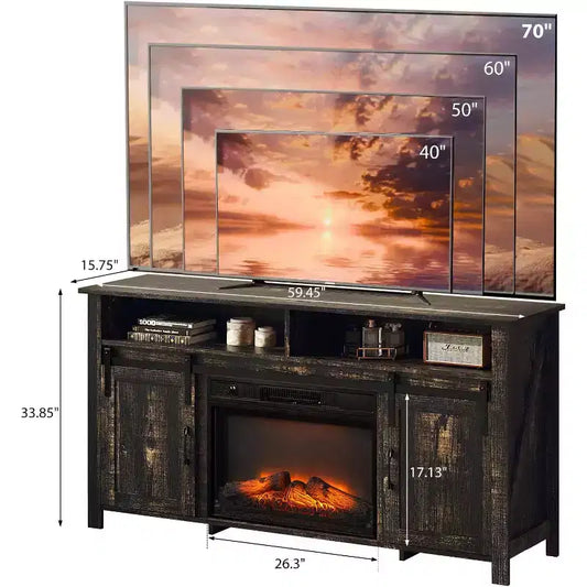 Meuble TV de cheminée VINGLI avec porte coulissante de grange pour téléviseur de 70 pouces, meuble de divertissement de style rustique avec cheminée de 23 pouces