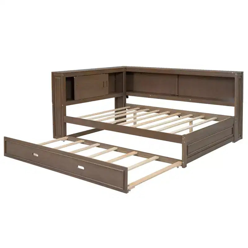 Cadre de lit de repos en bois pleine grandeur avec rangement, lit de repos avec lit gigogne et étagères de rangement, lit de repos d'angle en forme de L avec lumière et portes coulissantes