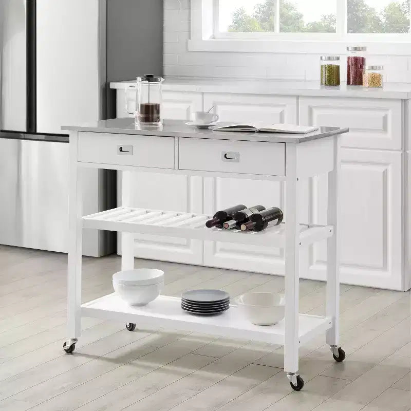 HomeStock Îlots de cuisine modulaires en acier inoxydable de 94 cm de haut avec 2 étagères