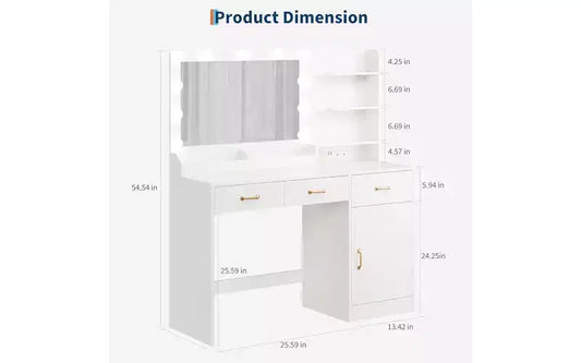 Coiffeuse GustoWave avec miroir et lumières, table de maquillage blanche 3 grands tiroirs, coiffeuse de chambre en bois pour femmes et filles