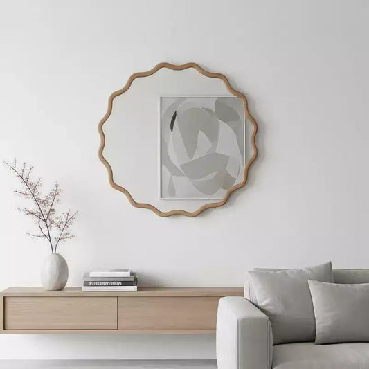 Miroir décoratif rond en bois massif, 76 cm, couleur bois naturel, cadre ondulé, pour chambre, salle de bain, salon, entrée