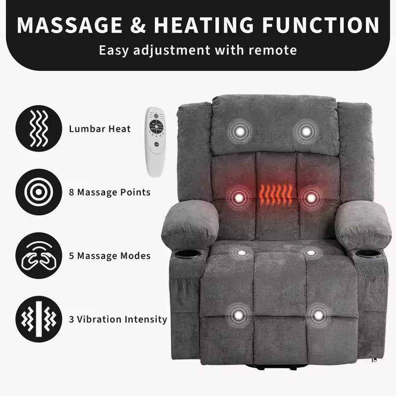 23.6 Fauteuil inclinable électrique surdimensionné avec chaleur et massage, élévateur électrique pour canapé individuel surdimensionné, charge maximale de 350 lb
