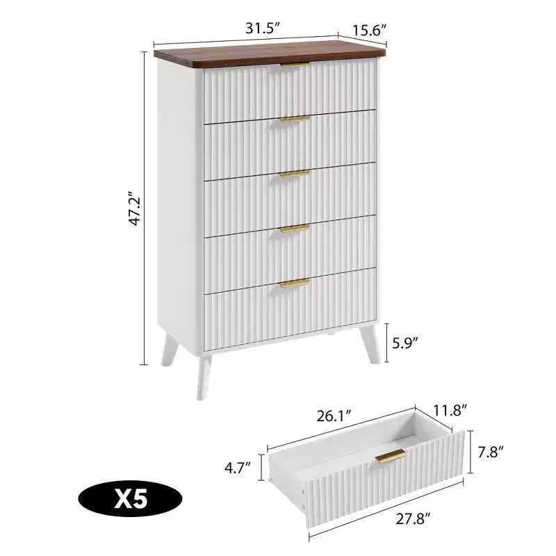 Commode à cinq tiroirs encastrés, avec un design aux contours incurvés, convenant aux salons, chambres d'enfants et couloirs.