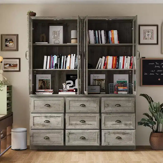 Bibliothèque Famapy avec portes en verre et 9 tiroirs, finition gris rustique : Étagères ajustables et grand espace de rangement pour bibliothèques organisées