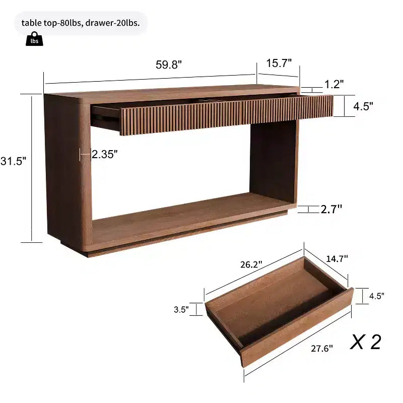 Console Okak en bois rustique avec placage et 2 tiroirs cannelés, table de canapé pour l'arrière du canapé, table de foyer pour le salon, le couloir, l'entrée