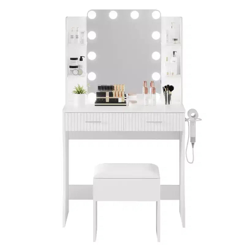 Coiffeuse avec miroir, petite coiffeuse de maquillage avec tiroirs de rangement et tabouret, coiffeuse avec porte-sèche-cheveux pour chambre de femmes et de filles