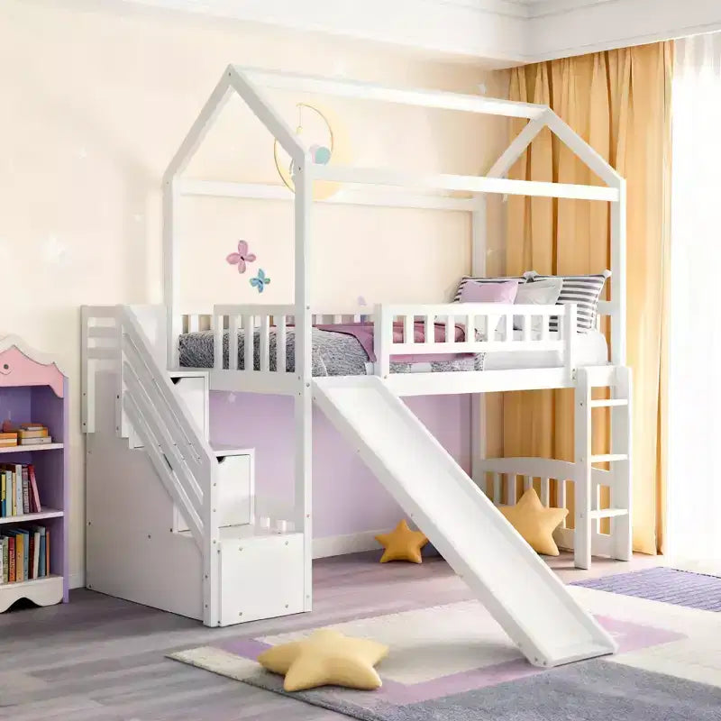Lit mezzanine enfant Luxystar avec toboggan et tiroirs de rangement, lit double en bois de faible hauteur pour enfants
