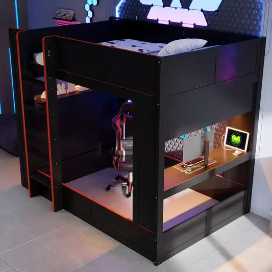 Lit superposé Whisen en bois massif pour gamer avec bureau intégré et étagères de rangement - Noir