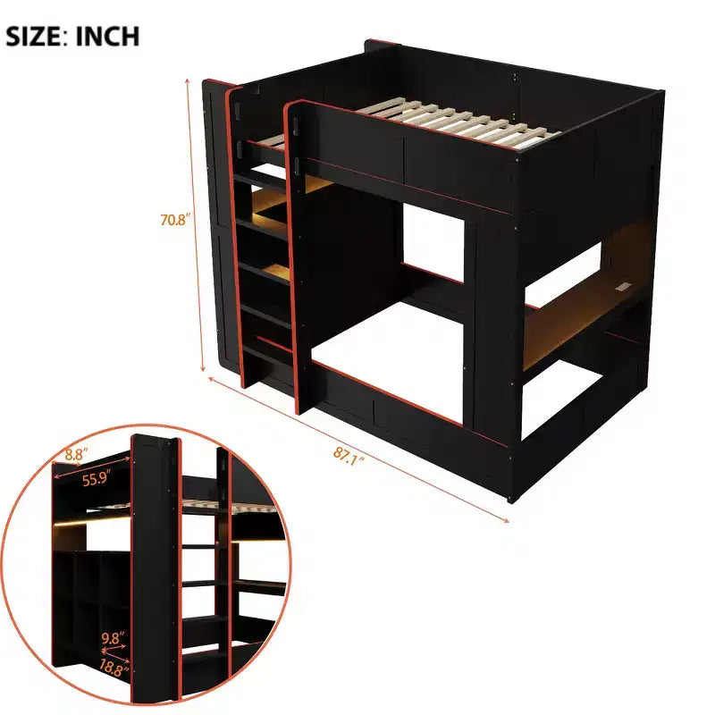 Lit superposé Whisen en bois massif pour gamer avec bureau intégré et étagères de rangement - Noir