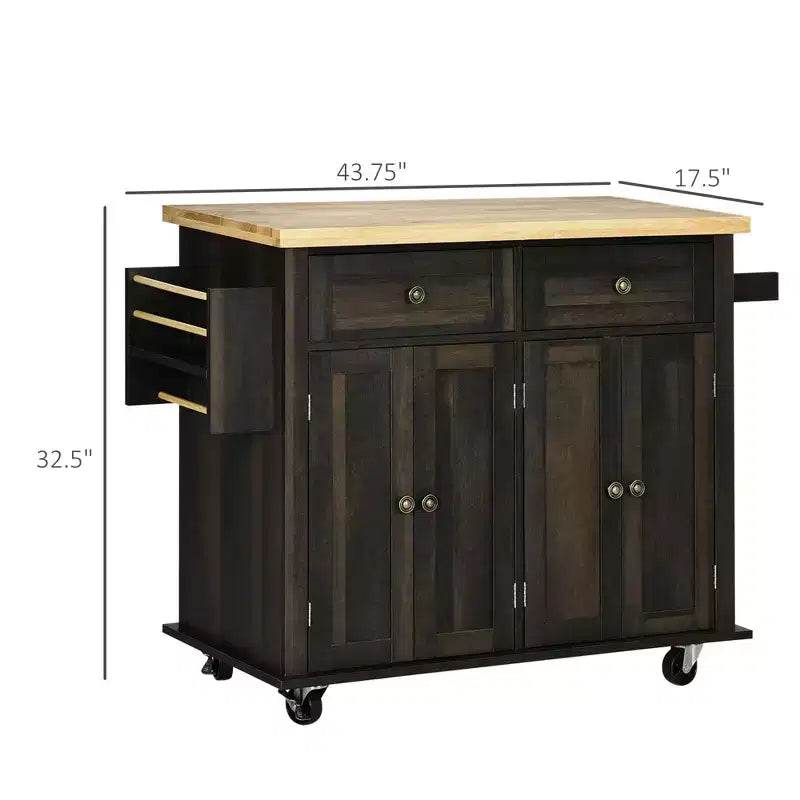Îlot de cuisine moderne Okak sur roulettes avec étagère à épices, chariot de cuisine avec 2 tiroirs et 4 portes d'armoire, organisateur de comptoir pour cuisine, chêne brun