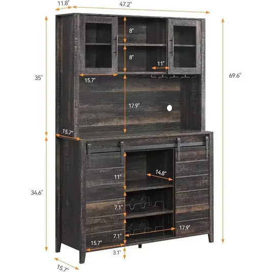 Buffet de bar à café de ferme de 70 po avec porte coulissante, grand rangement avec 7 étagères réglables
