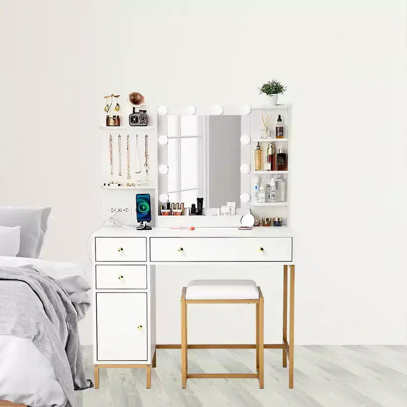 Coiffeuse avec miroir, ensemble de vanité moderne avec chaise, commode de maquillage avec tiroirs, meuble de rangement, étagères de rangement et crochets à bijoux
