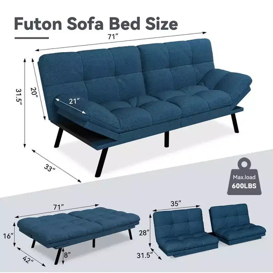 Dyonery 71 Canapé Futon Convertible, Canapé Futon Moderne en Lin avec Coussin Détachable, Dossier et Accoudoirs Réglables