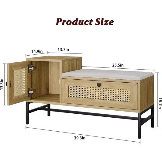 COZONY 39 Banc de rangement en rotin avec coussin en lin, meuble à chaussures à 2 portes, organisateur d'entrée en bois pour couloir ou chambre, chêne naturel