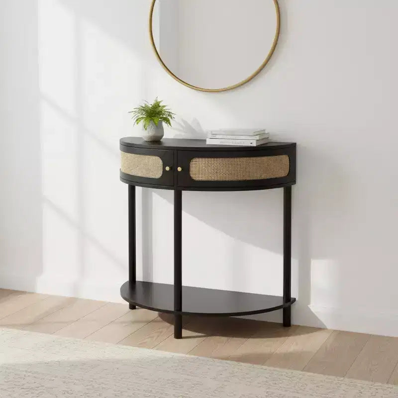 Console demi-lune Homy Casa avec porte en rotin, meuble de rangement d'entrée