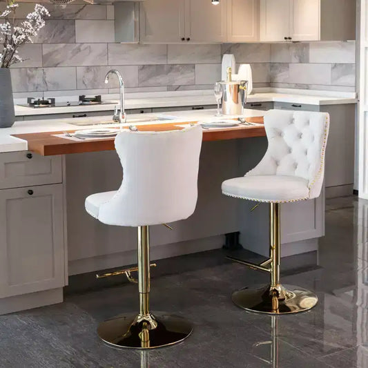 Lot de 2 tabourets de bar pivotants en velours Okak à hauteur réglable, tabourets de bar modernes rembourrés avec base dorée pour pub à la maison