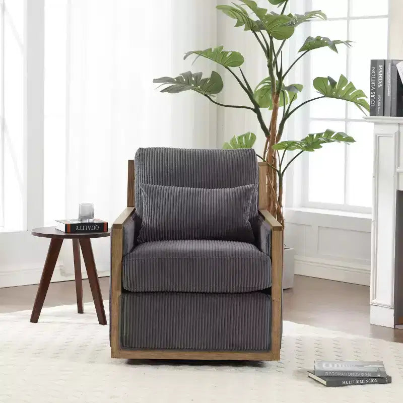 Fauteuil pivotant rond, Fauteuil de salon rembourré en velours côtelé, Chaise de lecture, Canapé simple pour chambre à coucher, appartement ou bureau