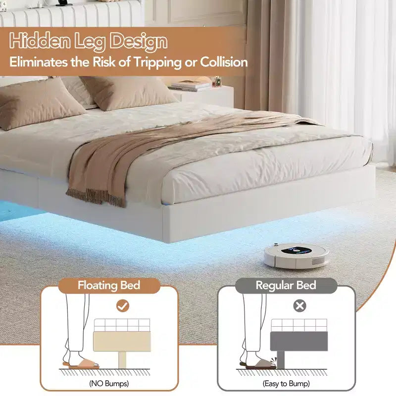 Cadre de lit flottant avec tête de lit de rangement, station de recharge et lumières LED intelligentes, cadre de lit plateforme rembourré, matelas sans ressort requis, silencieux