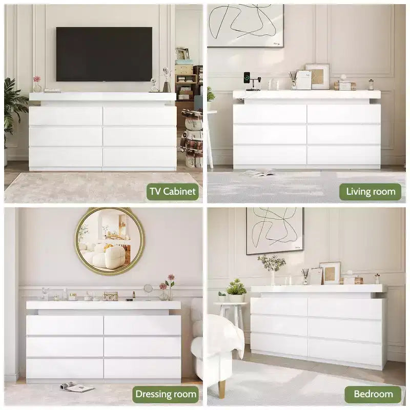 Commode Dyonery moderne à 6 tiroirs avec bureau coulissant et prise de courant - Double commode large de rangement pour chambre à coucher, en bois moderne