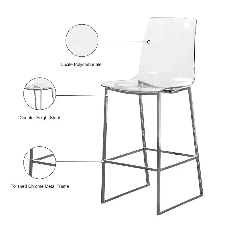 Tabouret Meridian Furniture, métal chromé/polycarbonate Lucite Lumen