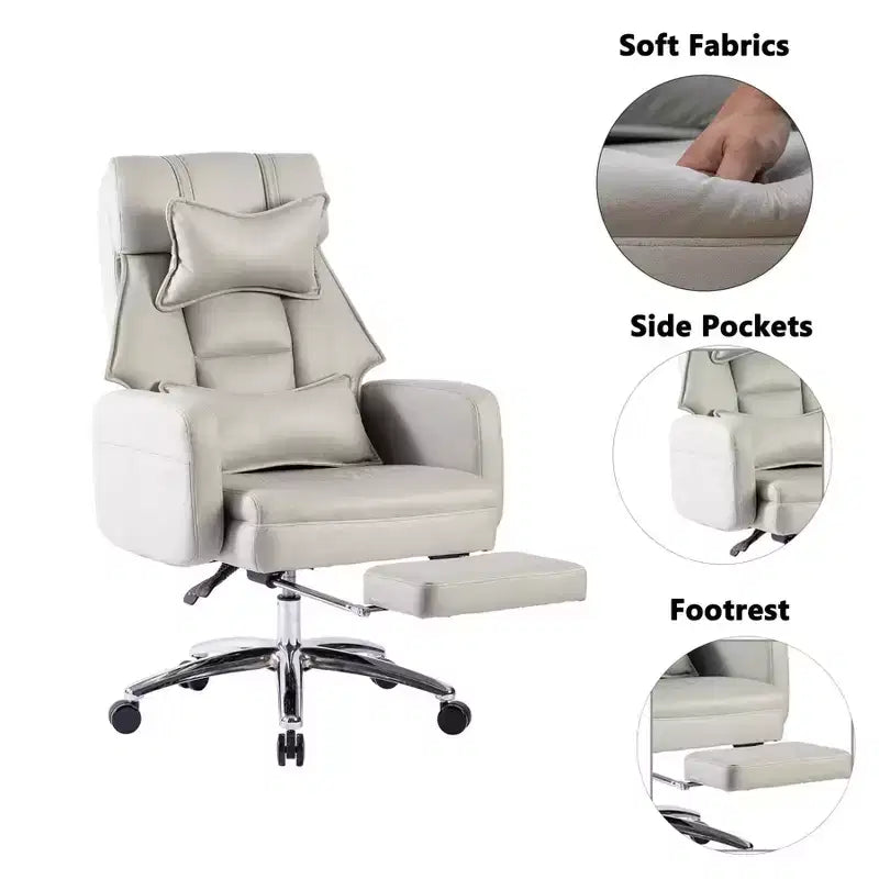Fauteuil de bureau avec repose-pieds rétractable, chaise de bureau inclinable à 155° avec coussin lombaire, fauteuil pivotant à roulettes pour le bureau