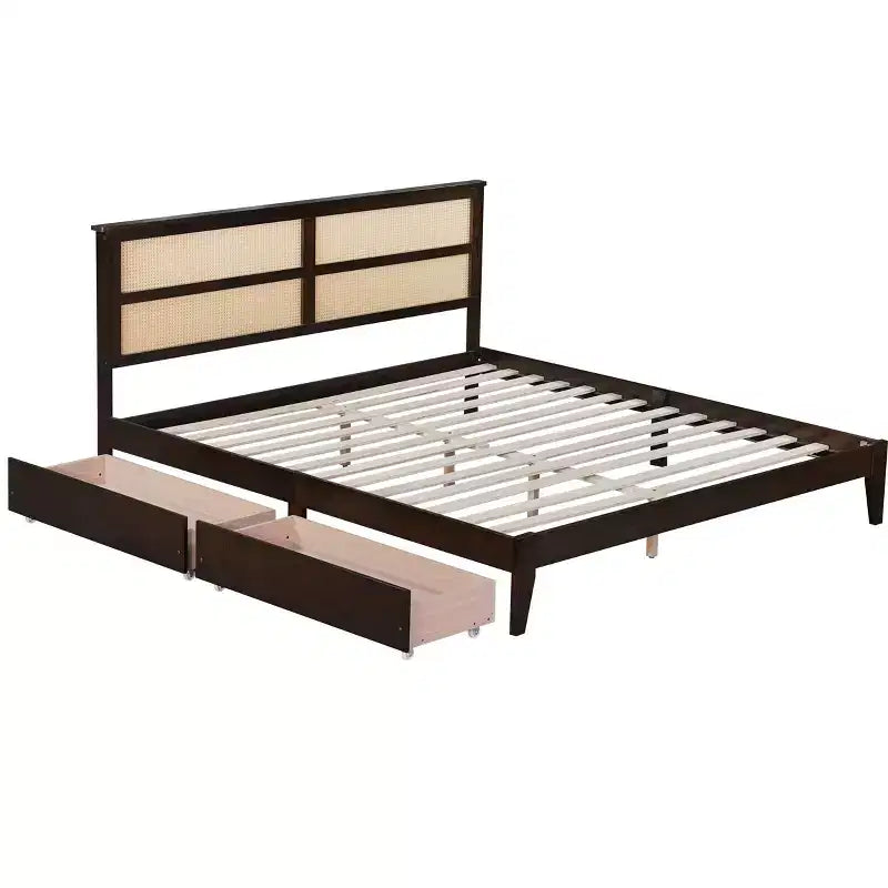Lit King Size MAYEERTY avec tête de lit en rotin, deux tiroirs de rangement, lit en bois d'hévéa avec lattes de support renforcées et pieds Espresso