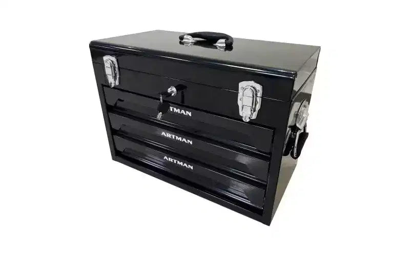 Servante d'atelier robuste en acier avec 3 tiroirs à roulement à billes et compartiment supérieur – Verrouillable pour garages, ateliers et entrepôts, noire