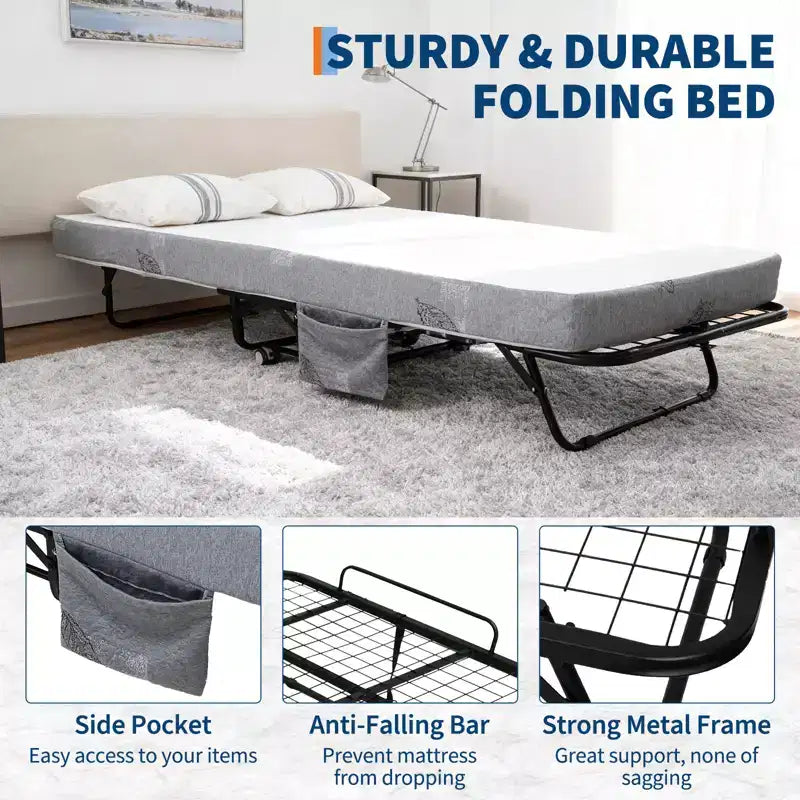 Lit pliant COZONY avec matelas, cadre métallique robuste, supporte jusqu'à 200 kg, pour chambre d'amis ou bureau