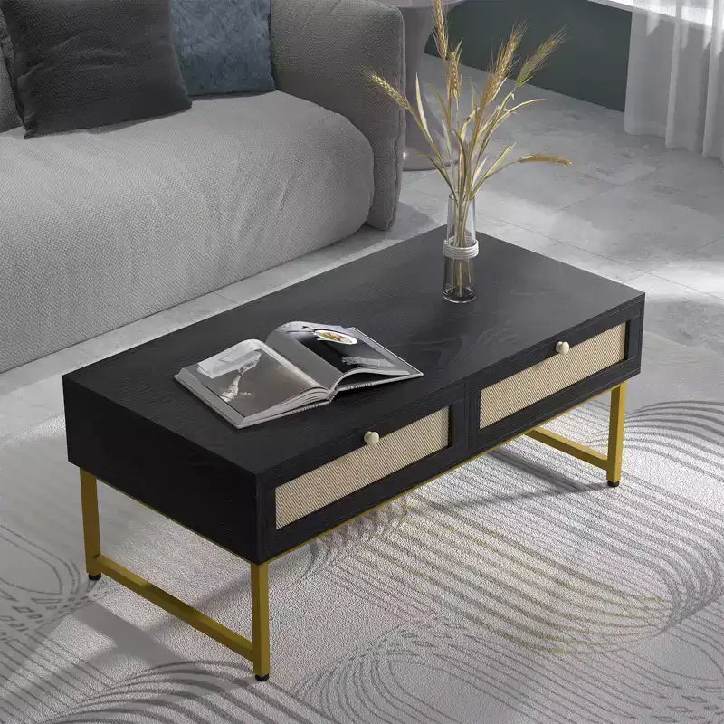 Table basse 2 tiroirs en rotin, table basse moderne, tables d'appoint en bois pour le salon,