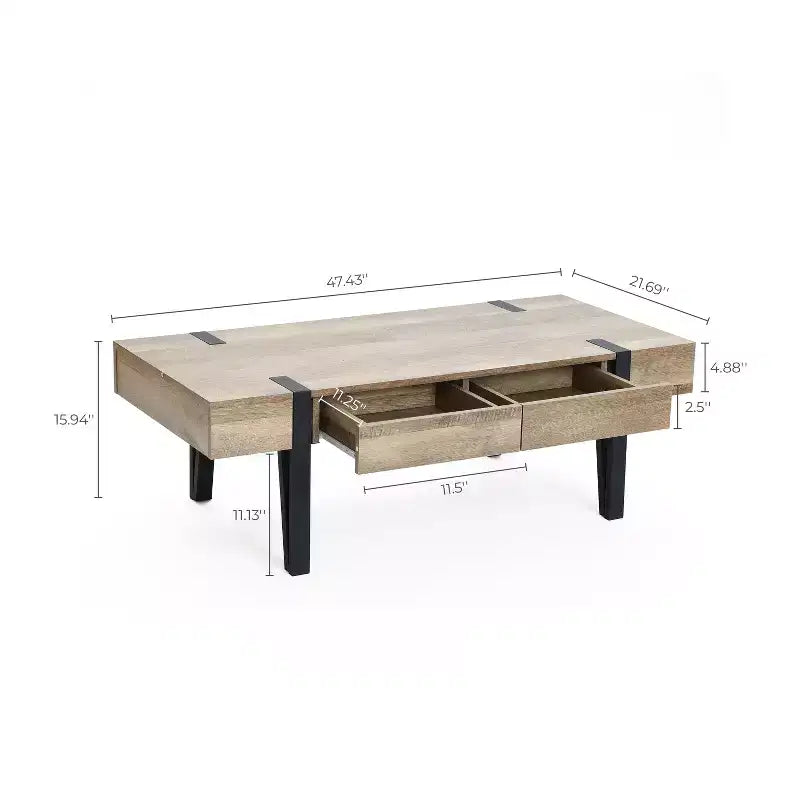 Table basse LuxenHome de 119 cm avec 2 tiroirs, pieds en métal noir, finition chêne de ferme