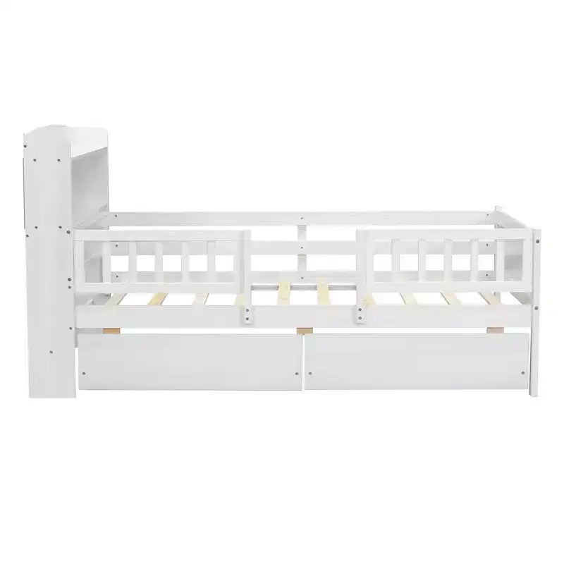 Lit plateforme pour enfants avec barrières et tiroirs, lit en bois de taille double avec LED, USB et tête de lit de rangement pour enfants