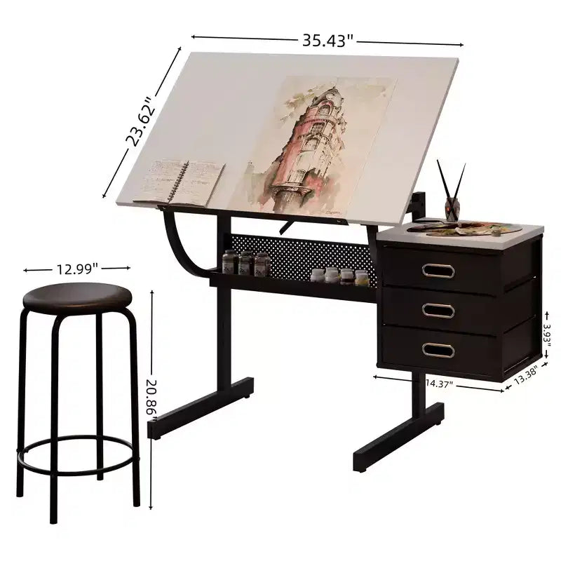 Table à dessin/de traçage réglable en bois Okak avec 3 tiroirs et tabouret, bureau de dessin/de traçage pour artiste