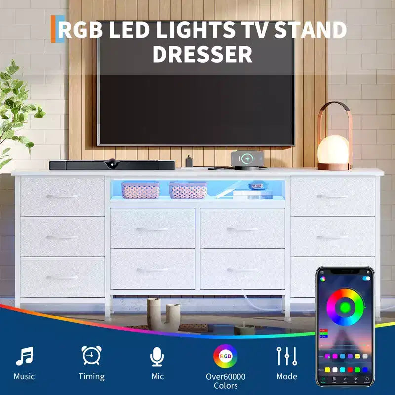 Meuble de rangement 63 tiroirs avec 10 tiroirs en tissu, commode longue avec lumière LED et station de charge, grande armoire de rangement pour chambre à coucher, placard