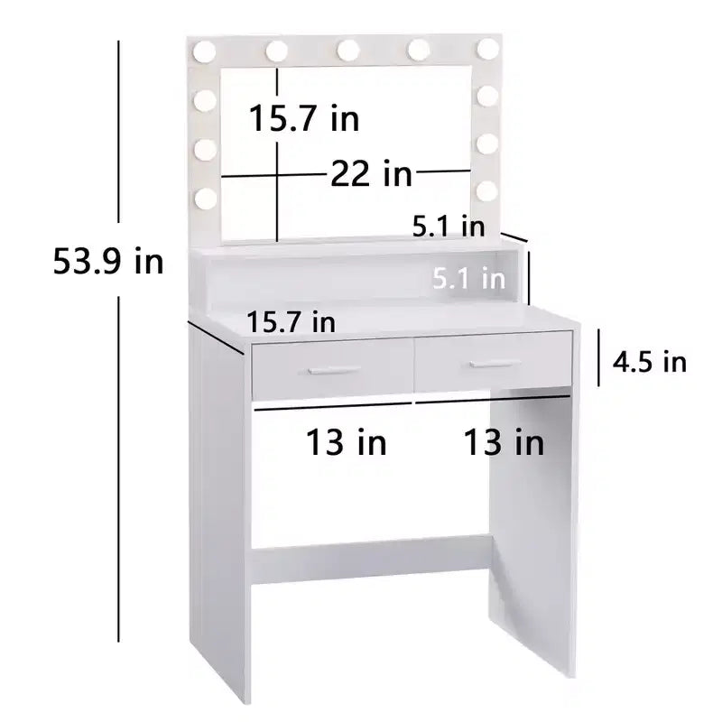 Coiffeuse élégante Okak avec grand miroir, petite coiffeuse avec 2 tiroirs et étagère, coiffeuse compacte pour chambre, salon, studio
