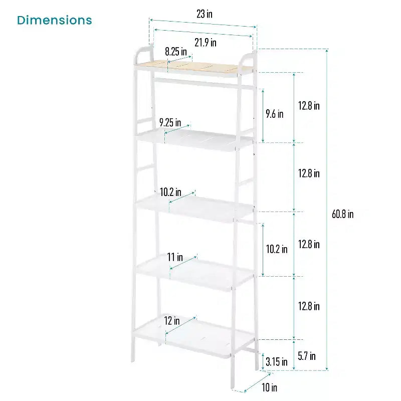 Meuble de rangement autoportant Home Zone Living à 5 niveaux avec accents en bambou et cadre en acier, étagère verticale peu encombrante, blanc