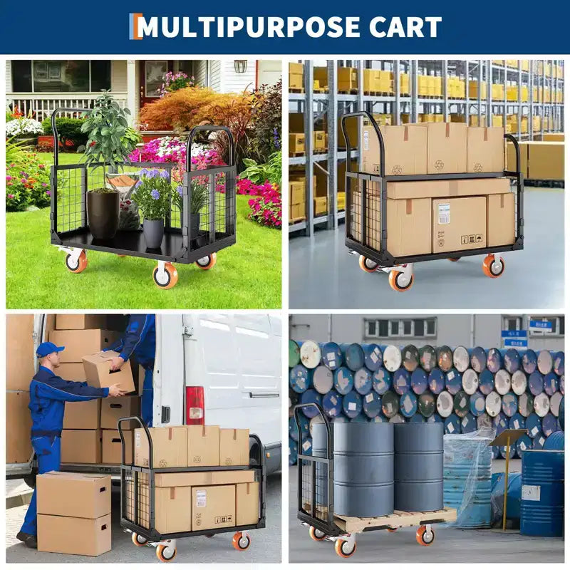 Chariot de transport plateforme robuste 4 en 1 avec capacité de 816 kg - Diable polyvalent, roues pivotantes à 360 degrés de 15 cm, pour entrepôt, garage, épicerie
