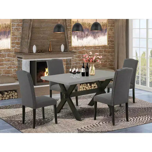 Table à manger 5 pièces rectangulaire avec plateau en bois massif finition chêne naturel et 4 chaises avec