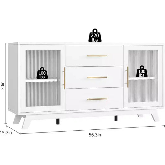 Acekool 56,3 pouces Desserte avec portes en verre cannelé et poignées dorées, meuble de rangement réglable, console multifonction pour salle à manger et cuisine