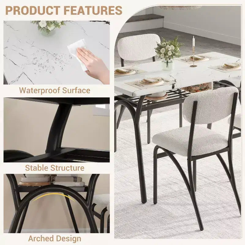 Ensemble de salle à manger 4 pièces avec chaises en tissu bouclé, table rectangulaire effet marbre avec 4 fauteuils rembourrés, ensemble de cuisine compact pour petits espaces