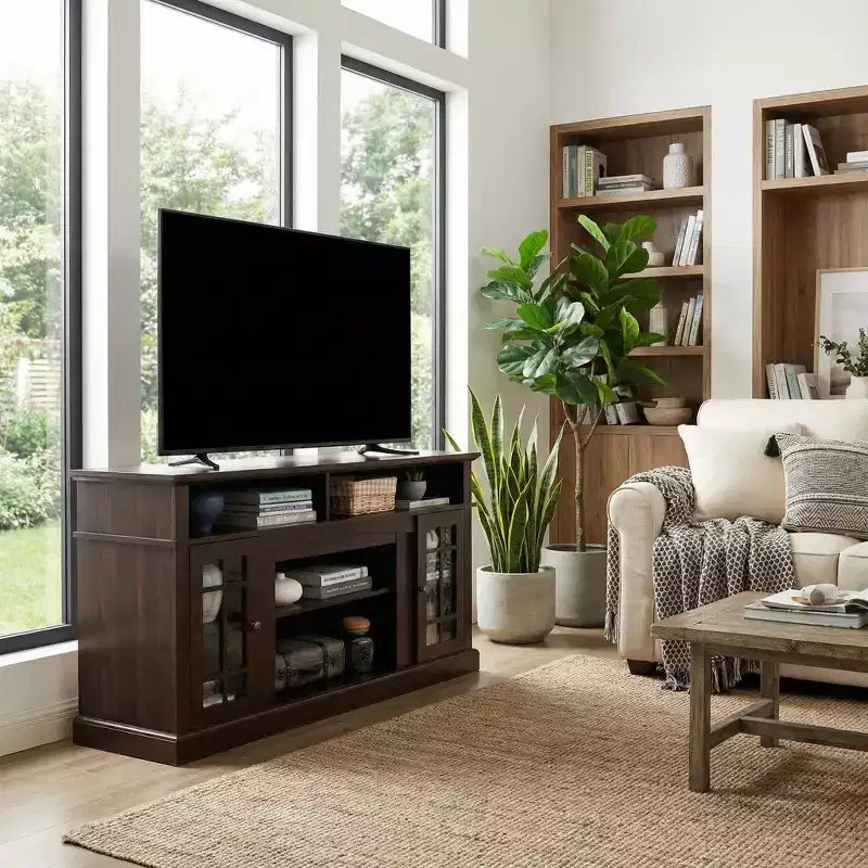 Meuble TV Homy Casa 65 avec portes vitrées et espace de rangement ouvert pour salon