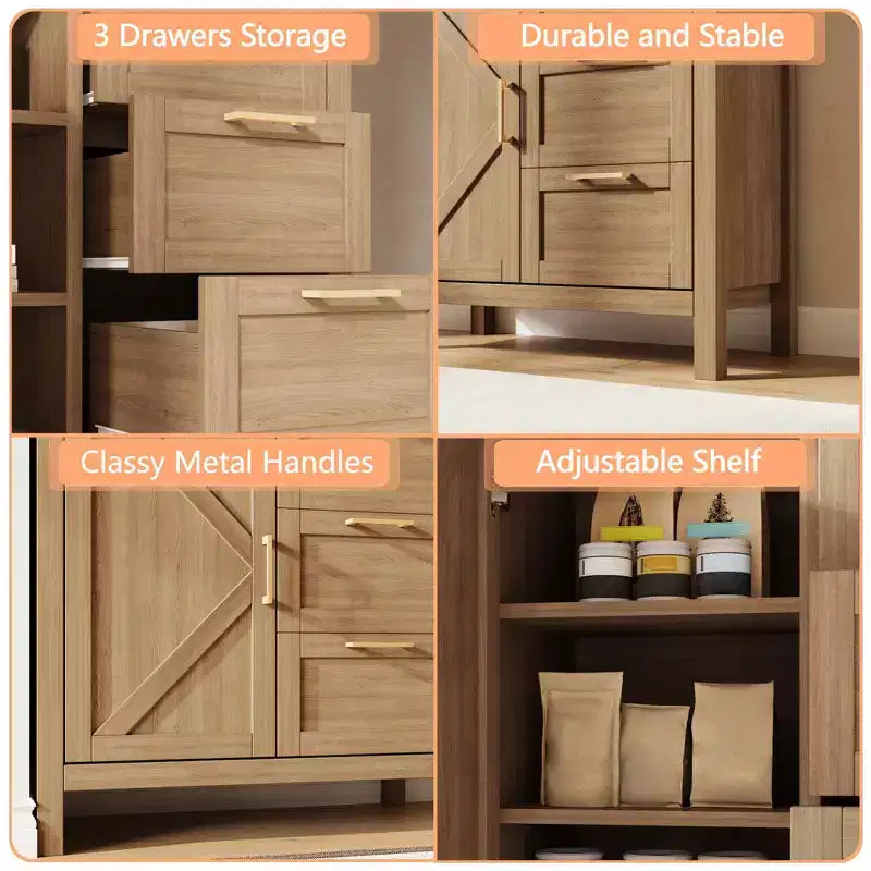 Meuble de Buffet avec Rangement, Meuble de Rangement en Bois avec 3 Tiroirs, avec Pieds en Bois Solides, Étagère Réglable, Buffet pour Salon Intérieur
